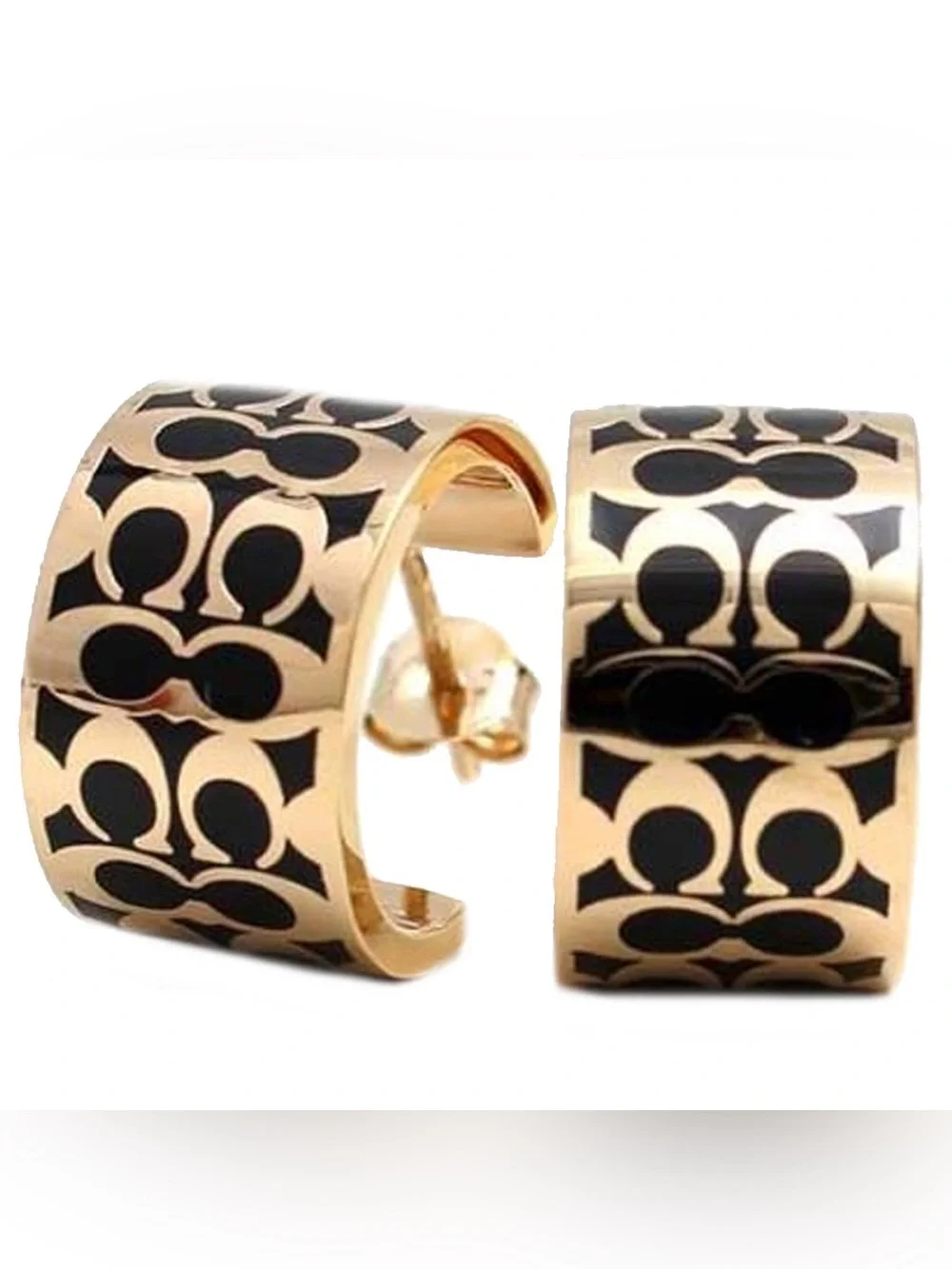Coach Signature Enamel Huggie Earrings in Gold/ Black